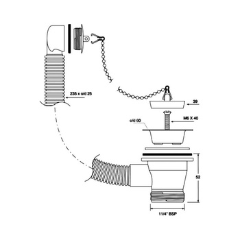 Spust umywalkowy 11/4"x60mm z sitkiem ze stali nierdzewnej i przelewem