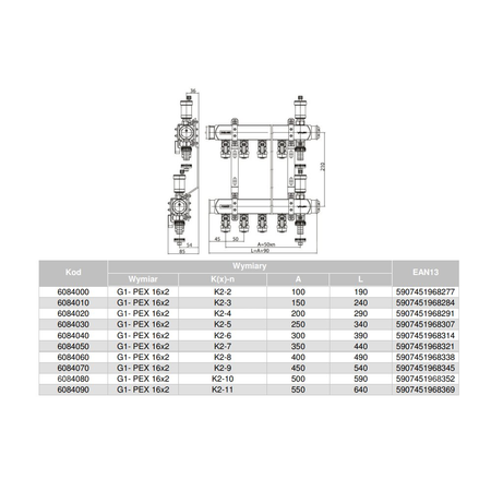 Rozdzielacz hydrauliczny VALVEX Base K2MINI-9 stal niedzewna, odgałęzień: 9 (1/2''), do CO + zawory odcinające