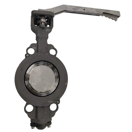 Przepustnica bezkołnierzowa EMARIS z dźwignią reczną, dysk: AISI316, wykładzina: PTFE +15% Grafit, korpus: stal WCB, Pnom 2,5 MPa, tmax=260 st.C DN 100