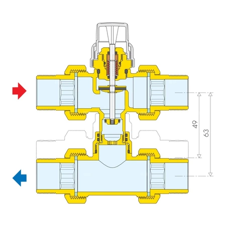 Trójdrożny zawór strefowy z obejściem współpracujący z siłownikami termoelektrycznymi serii 6563, 6561, 6562 i 6564 1"