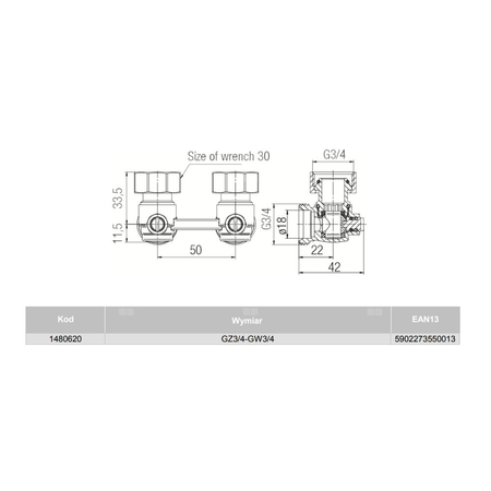 Moduł przyłączeniowy kątowy VALVEX FUSION 4 mosiądz (niklowany) 3/4'' x 3/4'', rozstaw 50 mm do grzejników
