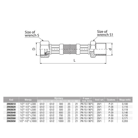 Wąż przyłączeniowy elastyczny VALVEX Viper Plus z oplotem (stal nierdzewna), GW x GZ, 1/2'' x 1/2'', długość 300 mm