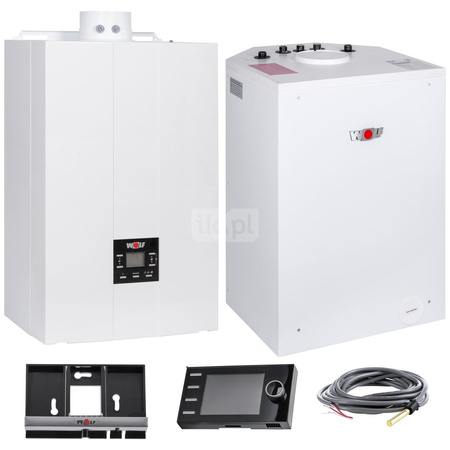 Pakiet - Kocioł gazowy dwufunkcyjny WOLF FGB-28 kondensacyjny wiszący 5.3-27.3kW + Czujnik temperatury zewnętrznej tak + Czujnik c.w.u. tak + Regulator BM-2 + Zasobnik c.w.u CSW-120