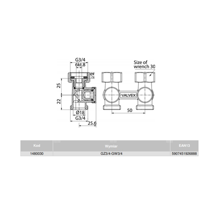 Moduł przyłączeniowy prosty VALVEX FUSION przyłącza mosiądz (niklowany) 3/4'' x 3/4'', rozstaw 50 mm do grzejników