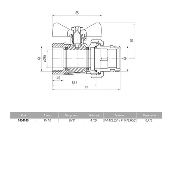 Zawór kulowy VALVEX Onyx Base mosiądz niklowany, PN10 1'' GW x GZ, uchwyt: motylek