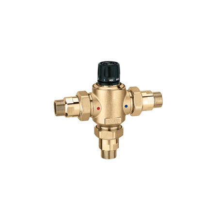 Regulowany termostatyczny zawór mieszający z wymiennym wkładem do systemów scentralizowanych. Z zaworami zwrotnymi 3/4"