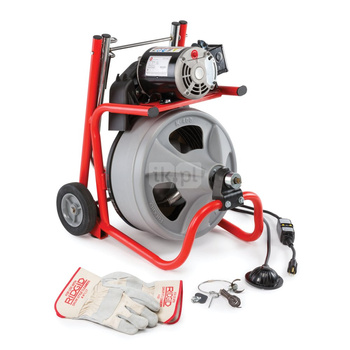 Maszyna bębnowa K–400 230 V do linii odpływowych o średnicy od 11⁄2" (40 mm) do 4" (110 mm) z rękawicami RIDGID do czyszczenia odpływów. W zestawie: Sprężyna nawinięta na rdzeń lity C–45 IW 1/2" × 75' (12 mm x 23 m) – Zestaw narzędzi T–260