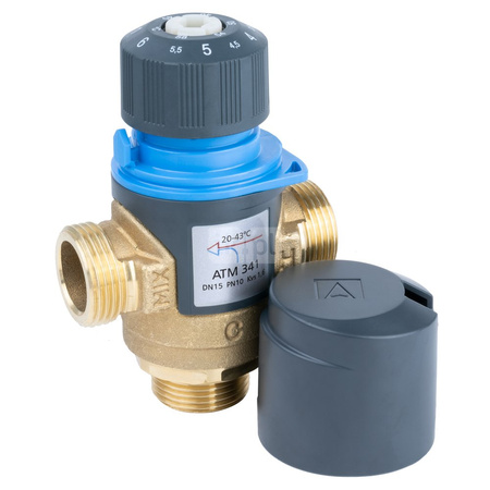 Zawór regulacyjny termostatyczny do wody ciepłej AFRISO ATM 341 ze śrubunkami mosiądz GZ 3/4'', DN 15, zakres temp. 20...43'C, Kvs 1.6m3/h, max. 90'C, max. 10bar