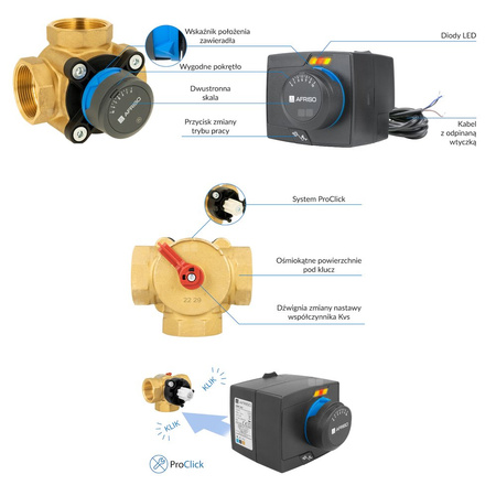 Zawór obrotowy trójdrogowy AFRISO ARV 386 Vario ProClick, mieszający, Siłownik elektryczny ARM 343, DN 40