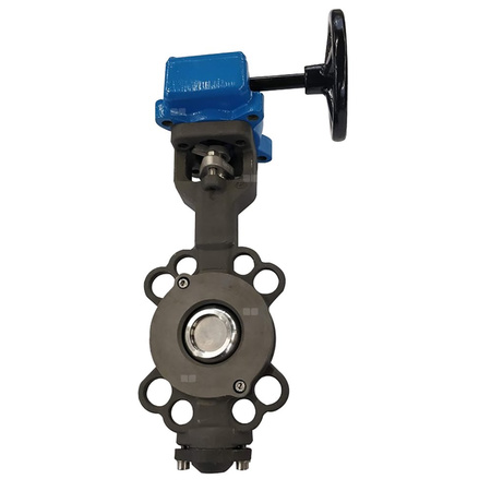 Przepustnica bezkołnierzowa EMARIS z przekładnią ślimakową, dysk: AISI316, wykładzina: PTFE +15% Grafit, korpus: stal WCB, Pnom 4,0 MPa, tmax=260 st.C DN 100