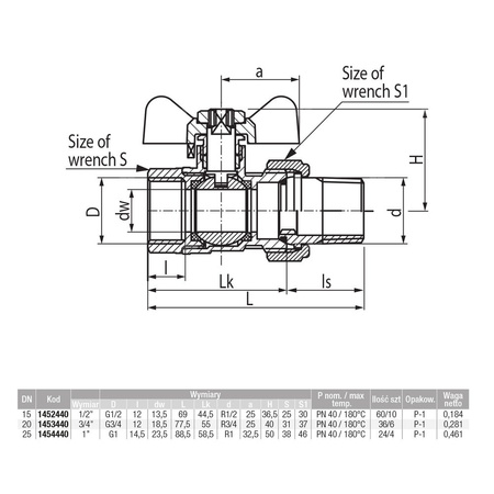 Zawór kulowy VALVEX Onyx mosiądz niklowany, PN40 1/2'' GZ x GW z półśrubunkiem, uchwyt: motylek
