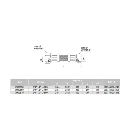 Wąż przyłączeniowy elastyczny VALVEX Viper Plus z oplotem (stal nierdzewna), GW x GW, 3/4'' x 1/2'', długość 500 mm