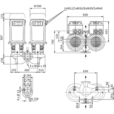 Pompa obiegowa WILO CronoTwin-DL-E 150/260-18,5/4-R1-S1 typu in-line z silnikiem znormalizowanym 50/60 Hz, moc silnika 18.5kW 30.7 A 1450 obr/min, wlot Kołnierz DN 150