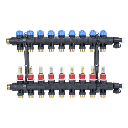 Rozdzielacz do ogrzewania podłogowego AFRISO ProCalida EF1 K 9-obieg. poliamid GZ 1" x Eurocono 3/4" + przepływomierz + zawór napełn/spust