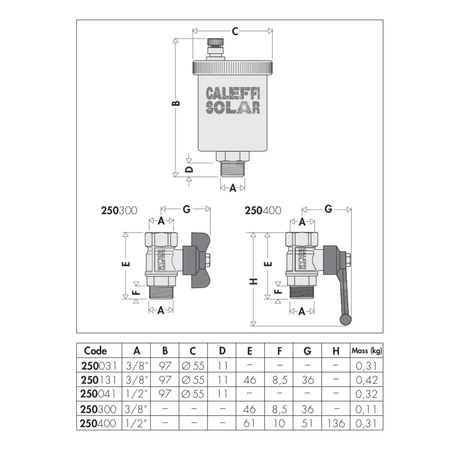 Odpowietrznik automatyczny CALEFFI do instalacji solarnych bez zaworu odcinającego GZ mosiądz chromowany fi 1/2''