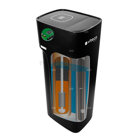 Kompaktowe wielofunkcyjne urządzenie do zmiękczania wody ze złożem węgla aktywnego, KDF, żywicą monosferyczną i alarmem solnym Viteco CS QUADRO CARBON MONO 30, z kompletnym zestawem filtracji wstępnej i zestawem do mierzenia twardości wody