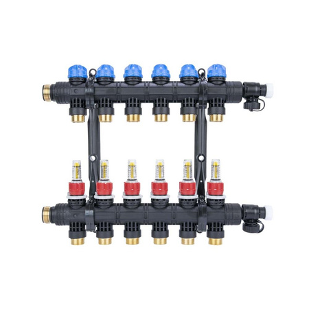 Rozdzielacz do ogrzewania podłogowego AFRISO ProCalida EF1 K 6-obieg. poliamid GZ 1" x Eurocono 3/4" + przepływomierz + zawór napełn/spust