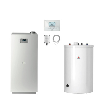 Pakiet - Kocioł gazowy jednofunkcyjny SAUNIER DUVAL Niedźwiedź Condens KKS48 kondensacyjny stojący 15.5-51.5kW + Czujnik temperatury zewnętrznej + Czujnik c.w.u. NTC + Regulator EXACONTROL E7C + Drugie przyłącze powrotu + Zasobnik c.w.u FE 120/6 BM