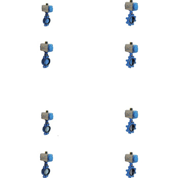 Przepustnica bezkołnierzowa SYLAX z napędem pneumatycznym SOCLA jednostronnego działania (ciśnienie powietrza zasilającego 6 bar), dysk: AISI316, wykładzina: EPDM, korpus: GG25 epoksyd., Pnom 0,6 MPa, tmax=120 st.C DN 150
