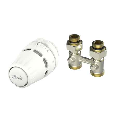 Zestaw termostatyczny prosty składający się z cieczowej głowicy Regus™ RA oraz zaworu RLV-KB do grzejników dolnozasilanych.