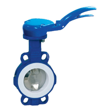 Przepustnica bezkołnierzowa LYCENE z napędem ręcznym dźwigniowym, dysk: Duplex, wykładzina: PTFE, korpus: GGG40 epoksyd., Pnom 1,0 MPa, tmax=200 st.C DN 200