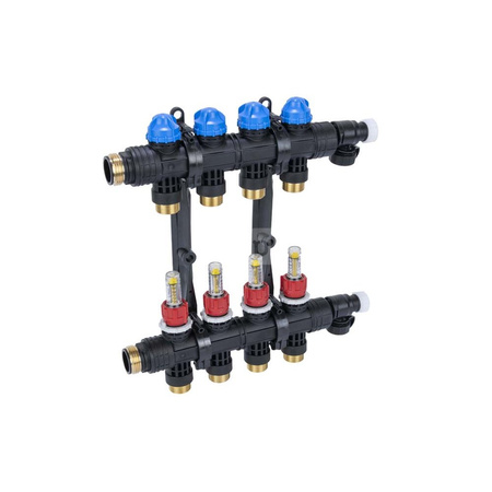 Rozdzielacz do ogrzewania podłogowego AFRISO ProCalida EF1 K 4-obieg. poliamid GZ 1" x Eurocono 3/4" + przepływomierz + zawór napełn/spust