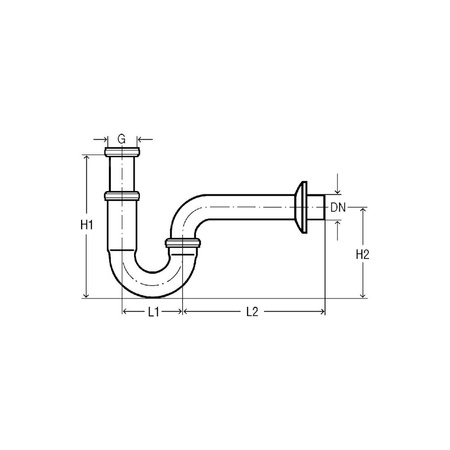 Syfon rurowy mosiądz chrom., nr wzoru 5611 G: 1½ d: 38 L1: 85 L2: 200 H1: 140–200 H2: 125