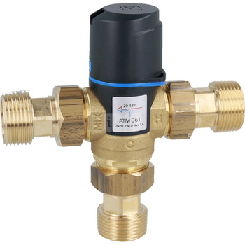 Zawór regulacyjny termostatyczny do wody ciepłej AFRISO ATM 361 ze śrubunkami mosiądz GZ 1'', DN 20, zakres temp. 20...43'C, Kvs 1.6m3/h, max. 90'C, max. 10bar