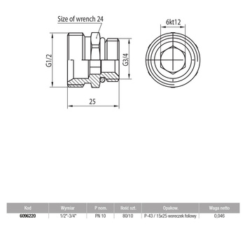 Złączka wkrętna redukcyjna z oringiem 1/2”-3/4”-18 mosiężna