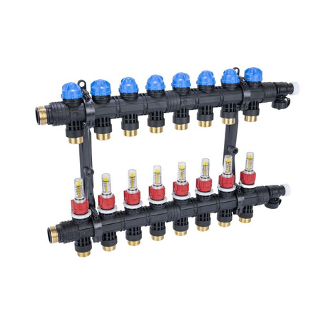 Rozdzielacz do ogrzewania podłogowego AFRISO ProCalida EF1 K 8-obieg. poliamid GZ 1" x Eurocono 3/4" + przepływomierz + zawór napełn/spust