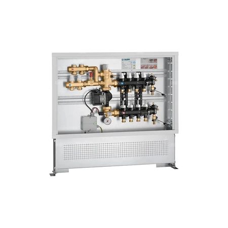 Zespół regulacyjny – regulacja stałotemperaturowa. Wstępnie zmontowany w skrzynce inspekcyjnej.  3 wyjścia. Dodatkowy rozdzielacz obiegu pierwotnego z dwoma wyjściami.