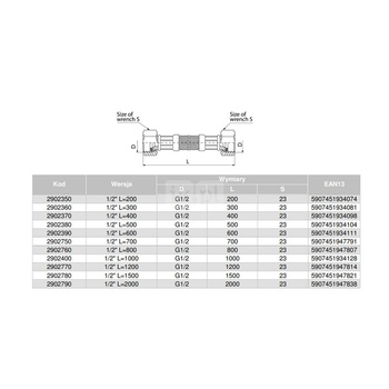 Wąż przyłączeniowy elastyczny VALVEX Viper Plus z oplotem (stal nierdzewna), GW x GW, 1/2'' x 1/2'', długość 500 mm