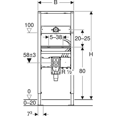 Stelaż podtynkowy do umywalki GEBERIT Duofix, 1300 x 500 x 74 mm, bateria: ścienna z podtynkową skrzynką funkcyjną, regulacja wysokośći, wbudowany syfon