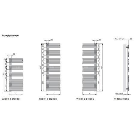 Grzejnik drabinkowy ZEHNDER Forma Asym, wym. 1161 x 496 mm, kolor biały RAL9016, moc 547W