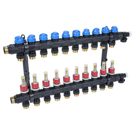 Rozdzielacz do ogrzewania podłogowego AFRISO ProCalida EF1 K 10-obieg. poliamid GZ 1" x Eurocono 3/4" + przepływomierz + zawór napełn/spust