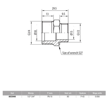 Nypel VALVEX V-Pex redukcja z oringiem, mosiądz, 1/2'' x 3/4'' (GZ)