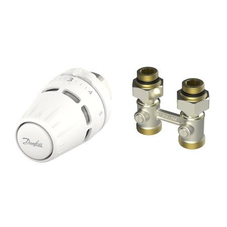 Zestaw termostatyczny prosty składający się z cieczowej głowicy Regus™ M30 oraz zaworu RLV-KB do grzejników dolnozasilanych.