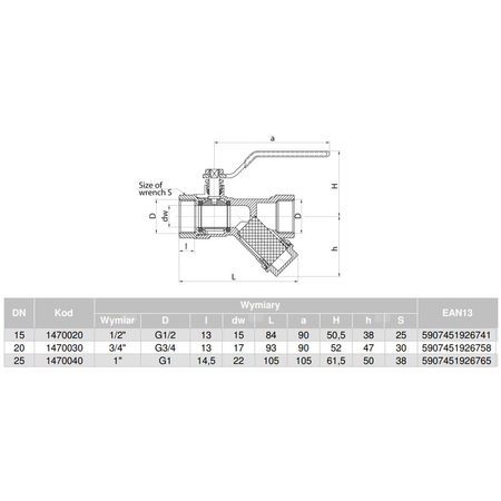 Zawór kulowy VALVEX Opti mosiądz, PN25 1'' GW z ﬁltrem skośnym, uchwyt: dźwignia