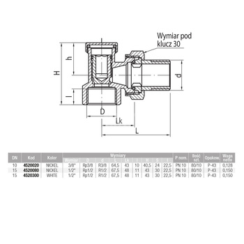 VECTOR Zawór grzejnikowy powrotny kątowy typ ZO-K-10, niklowany 3/8