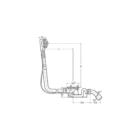 Rotaplex-komplet odpływowo-przelewowy jednostka funkcyjna wyposażenie, Syfon, łuk odpływowy 45 st., nr wzoru 6142.32 DN: 40/50 długość cięgna Bowdena: 725 L: 150–400 H: 180–430 wanna z odpływem pośrodku do wanien z otworem odpływowym fi 90