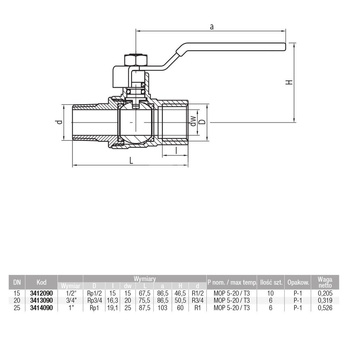 Kurek kulowy do gazu nikl z dźwig. Stal. (DSt) ORION (DAI) (wersja N-W) 3/4