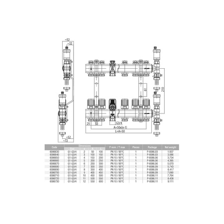 Rozdzielacz hydrauliczny VALVEX Proff K4-7 mosiądz, odgałęzień: 7 (3/4''), do CO + zawory termostatyczne