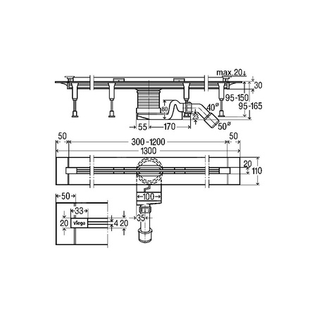 Odpływ prysznicowy prostokątny VIEGA 496521, 1200 x 110 x 95 mm, z syfonem