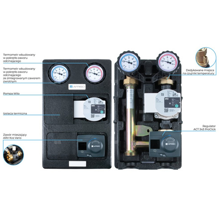 Grupa pompowa AFRISO PrimoTherm K 180-2 DN 25 WP 3-WM-R GZ x GW 1 1/2'' x 1'', z zaworem mieszającym, z izolacją, z pompą obiegową Wilo Para SC 25/6