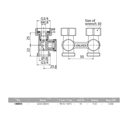 Moduł przyłączeniowy prosty VALVEX FUSION tulejki mosiądz (niklowany) 3/4'' x 3/4'', rozstaw 50 mm do grzejników