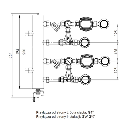 Grupa pompowa AFRISO BPS 966 AP GZ x GW 1'' x 3/4'', z zaworem mieszającym, z pompą obiegową AFRISO APH 160 15-7/130 mm