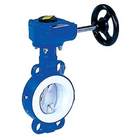 Przepustnica bezkołnierzowa LYCENE z przekładnią ślimakową, dysk: AISI316L, wykładzina: PTFE, korpus: GGG40 epoksyd., Pnom 1,0 MPa, tmax=200 st.C DN 300