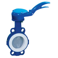 Przepustnica bezkołnierzowa LYCENE z napędem ręcznym dźwigniowym, dysk: powlekany PFA, wykładzina: PTFE, korpus: GGG40 epoksyd., Pnom 1,0 MPa, tmax=200 st.C DN 50